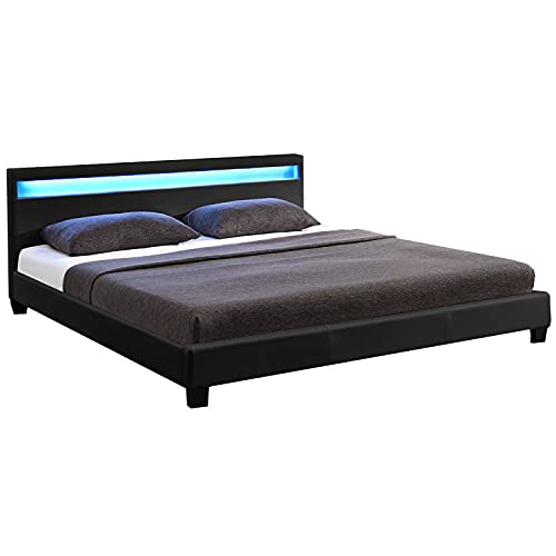 Juskys Polsterbett Paris 140 × 200 cm — Bettgestell mit LED Beleuchtung, Lattenrost & Kopfteil...