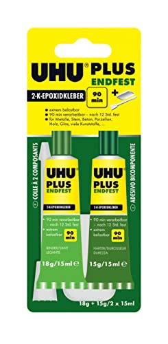 UHU 2-Komponentenkleber Plus Endfest, Glasklarer und höchst belastbarer 2K-Klebstoff, 33 g