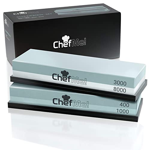 ChefMe! Schleifstein Set 4-in-1 mit deutscher Anleitung 400/1000/3000/8000 - Wetzstein zum Messer...
