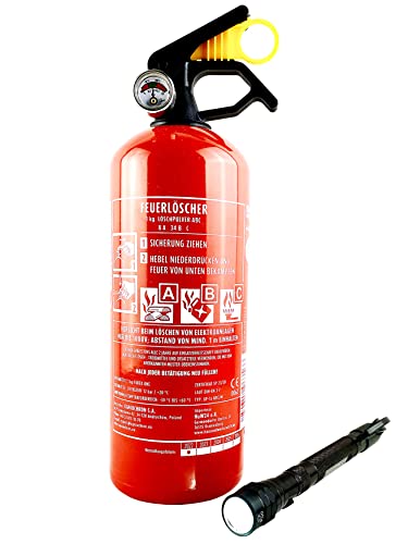 EXDINGER Feuerlöscher Pulver ABC 1kg Manometer + Halterung + Teleskop-Taschenlampe mit...