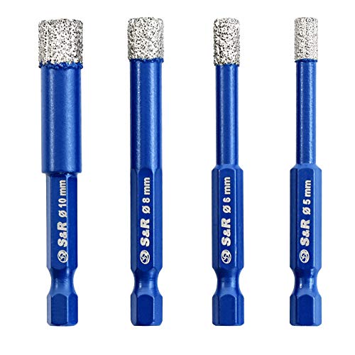 S&R Diamantbohrer, Fliesenbohrer, Glasbohrer Set 4-tlg. 5, 6, 8, 10 mm, Sechskant-Schaft, für...