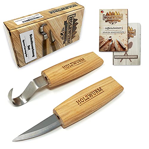 HOLZWURM Holz Schnitzmesser-Set, Löffel - Basic, inkl. Anleitung und Schnitzvorlagen, ideales...