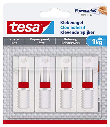 tesa Verstellbarer Klebenagel (für Tapeten und Putz 1 kg, Höhenverstellbarer, selbstklebender...