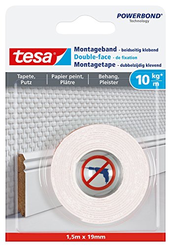 tesa Montageband Tapete&Putz, 10 kg Haltekraft pro Meter - starkes, doppelseitiges Montageklebeband...