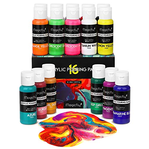 Magicfly Pouring Acrylfarbe, 16 flüssige Gießfarben 60 ml Flaschen für Leinwand, Holz, Stein,...