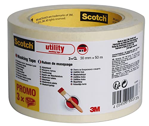 Scotch Kreppband Classic, 30 mm x 50 m (3 Rollen) - Hochwertiges Abklebeband zum Allzweck, Premium...
