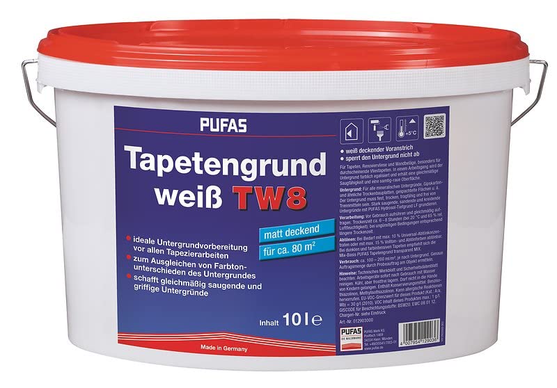 Pufas 12903000 TW8 Tapetengrund Tapetengrundierung, weiß, 10 Liter