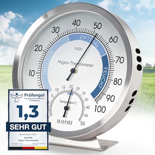 MAVORI® 2in1 Hygrometer Innen Analog & Thermometer aus Edelstahl | Hygrometer Analog & Thermometer...