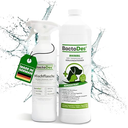 BactoDes - Animal Geruchsneutralisierer 1L Konzentrat mit Spray-Mischflasche - Starker Enzymreiniger...