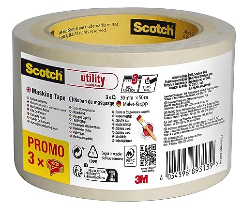 Scotch Kreppband Classic, 30 mm x 50 m (3 Rollen) - Hochwertiges Abklebeband zum Allzweck, Premium...