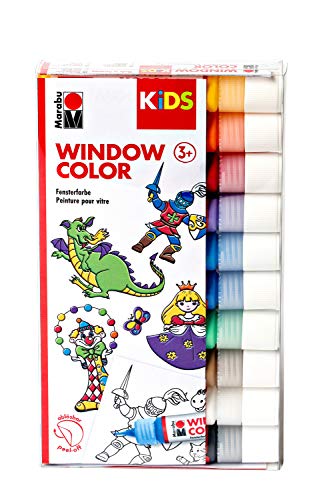 Marabu 0306000000100 - Kids Window Color Set mit 10 x 25 ml Farbe und Malvorlage A4 mit 18 Motiven,...