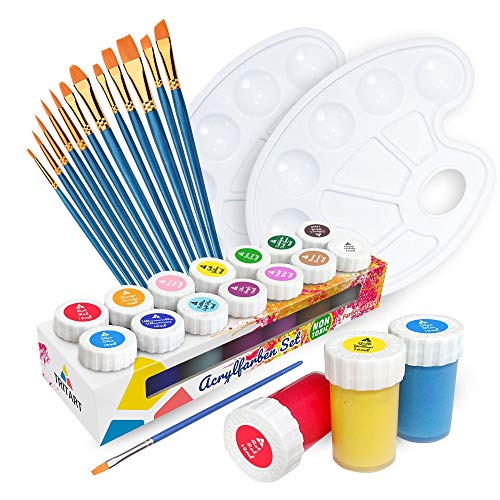 Tritart Acrylfarben Set für Kinder und Erwachsene mit 12 Pinsel und 2 Mischpaletten | 14er Acrylic...
