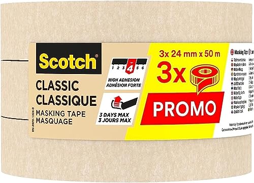 Scotch Kreppband Classic Beige, 24 mm x 50 m (3 Rollen) - Hochwertiges Universal-Abklebeband,...