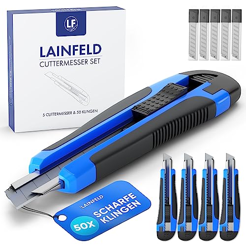 LAINFELD Cuttermesser Set | 5 Teppichmesser + 50 Klingen | 18mm Klingen | Profi Cutter Messer |...