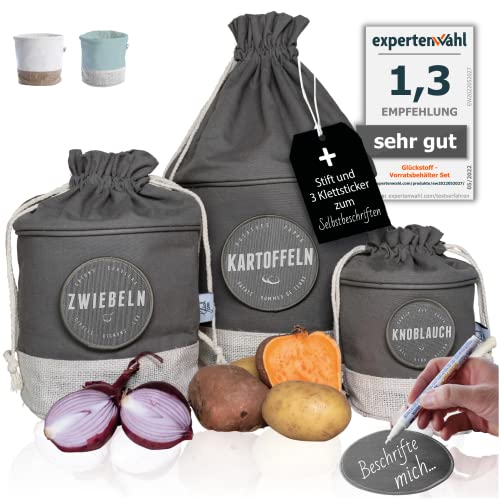 Glückstoff® Nachhaltige Kartoffel Aufbewahrungsbox [Beschriftbares 3er-Set] Knoblauch Zwiebel-Topf...
