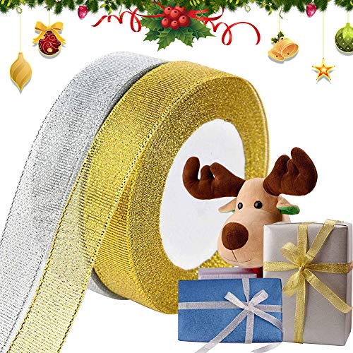 2 Rollen Weihnachten Geschenkband Satinband, Weihnachtsbänder Schleifenband Ripsband zum Geschenk...