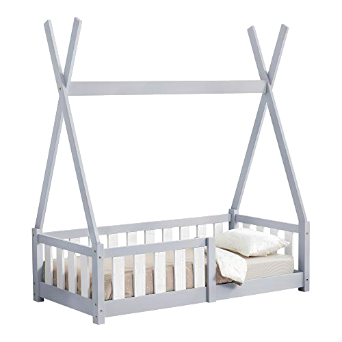 [en.casa] Kinderbett Helsingborg 70x140cm Hellgrau mit Rausfallschutz im Tipi Design aus Kiefernholz...